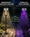 Solar Powered Outdoor Bug Zapper Pack of 4 for Backyard, Garden and Walkways shown in use with warm and UV light modes.
