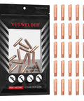 Twenty Five Pack MIG Welding Contact Tips 000-068 0.035 Inch For Miller Millermatic M10 M15 M25 M40 M100 M150 And Hobart H Series Guns With Gas Diffuser, showing copper tips in bag and arrangement
