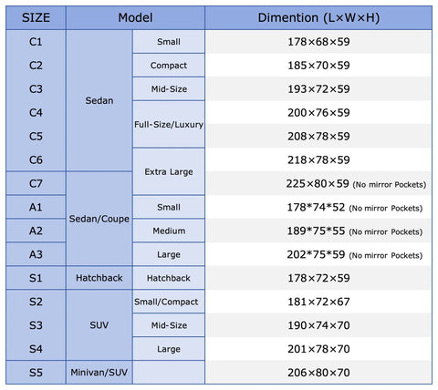 Car cover size chart for sedan and SUV models, dimensions for small to extra large sizes.