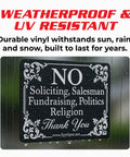 Two Pack No Soliciting Door Sign 4x3 Vinyl Weatherproof Peel And Stick for Home or Business on wet glass surface with text.