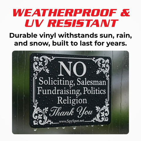 Two Pack No Soliciting Door Sign 4x3 Vinyl Weatherproof Peel And Stick for Home or Business on wet glass surface with text.