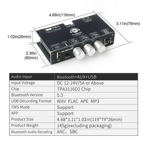 Front view of 100W Mono Bluetooth 5.3 Amplifier Board With TWS Pairing, TPA3116D2 Digital Power Amp Module, AUX USB Bluetooth Input, DC 12-24V, Built For DIY Speaker Projects with dimensions in inches.
