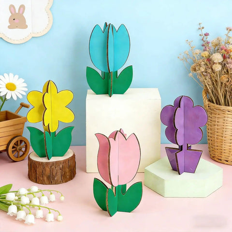 Unfinished Wood Flower Painting Kit With 12 3D Tulip Blooms, DIY Spring Craft Set For Adults And Family, Blank Wood Cutouts Display