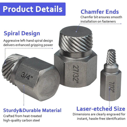 Close-up of 25 Piece Screw Extractor And Bolt Remover Set For Removing Broken Stripped And Frozen Screws And Bolts From One Eighth Inch To Seven Eighth Inch With Hex Head MultiSpline Design Pro Grade Easy Out Tool Kit For Quick Diy Repairs showing various extractor sizes with laser-etched design and durable material.