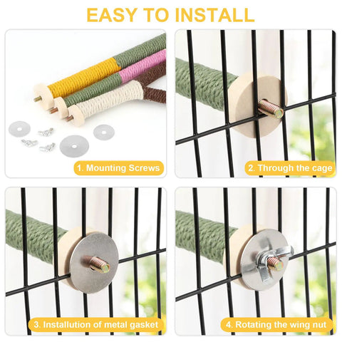 Top Shelf 3 Piece Natural Wood Bird Perch And Chew Toy Set For Cockatiels Budgies Parakeets, showing installation steps with hemp rope and metal brackets.