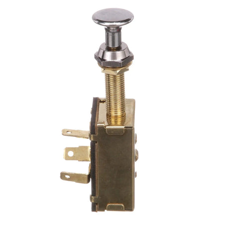 3 Position Push Pull Marine Toggle Switch Normally Off Energizes One Circuit Then Both With A Pull Saltwater Ready Brass Hardware Chrome Plated Face Nut Brass Back Up Nut Beefed Up Durable Boat Switch For Electronics And Accessories, side view