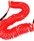 Heavy Duty Polyurethane Recoil Air Hose 1/4 Inch By 50 Feet Lightweight Flexible Compressor Hose coiled in red with connectors.