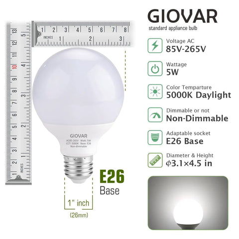 8 Pack G25 LED Globe Light Bulbs Daylight 5000K 120V 40W Equivalent Vanity Light Beams for Bathroom Mirror E26 Base Non Dimmable
