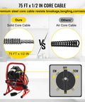 Heavy Duty Electric Drain Auger Kit With Cutter And Anti Slip Glove Knock Out Stubborn Clogs In One To Four Inch Pipes showing 75 FT x 1/2 in solid core cable.