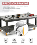 Beefy 4 Inch Industrial Locking Casters Set Of 4 Rock Solid Four K Heavy Duty Swivel Wheels For Carts And Workbenches Thick Steel Plate Mount In Bright Orange on a metal workbench showcasing precision braking feature.