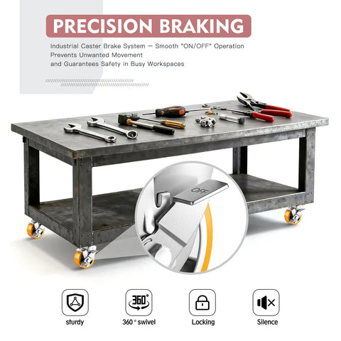 Beefy 4 Inch Industrial Locking Casters Set Of 4 Rock Solid Four K Heavy Duty Swivel Wheels For Carts And Workbenches Thick Steel Plate Mount In Bright Orange on a metal workbench showcasing precision braking feature.