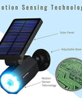 Deluxe Solar Spotlight With Motion Sensor Outdoor LED Light For Garden And Landscape with close-up of solar panel and motion sensor