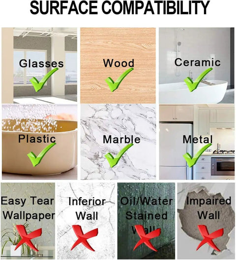 Surface compatibility chart for Non Slip Rug Pad Grippers Set, shows materials like glass, wood, ceramic, plastic, marble, metal.