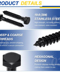 Beefy Heavy Duty Stainless Steel 304 Hex Head Lag Screws Kit, 5/16 X 1-1/2 Inch, close-up of deep coarse threads and hex design.