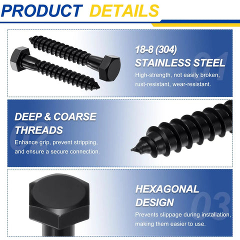 Beefy Heavy Duty Stainless Steel 304 Hex Head Lag Screws Kit, 5/16 X 1-1/2 Inch, close-up of deep coarse threads and hex design.