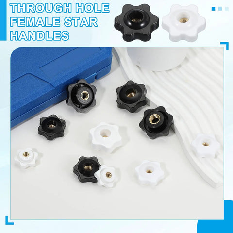 M8 Black Star Hand Knobs 32Mm Through Hole Brass Insert Screw On Clamping Handles 4 Pack available in black and white colors.