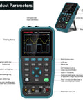Front view of Handheld Digital Oscilloscope 50 MHz Dual Channel With Three Point Five Inch TFT Backlit Display Auto Calibration and Memory Function Two In One On The Go Oscilloscope and Multimeter Real Time Sampling At 250 MSa Per Second showing controls and display.