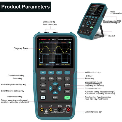 Front view of Handheld Digital Oscilloscope 50 MHz Dual Channel With Three Point Five Inch TFT Backlit Display Auto Calibration and Memory Function Two In One On The Go Oscilloscope and Multimeter Real Time Sampling At 250 MSa Per Second showing controls and display.