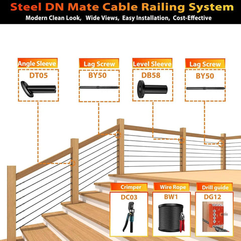 Steel DN Mate cable railing system with components and labeled parts for installation.