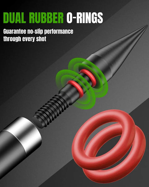 Close-up of Beefy 100 Grain Screw In Field Tips with dual rubber O-rings for arrows, showing steel construction.