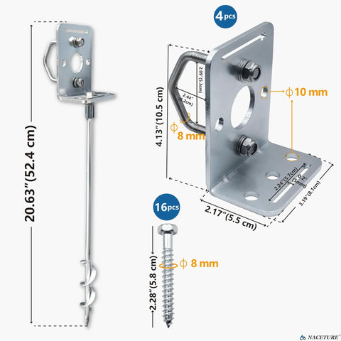 18 Inch Ground Anchors Kit For Trampoline Heavy Duty Screw In Anchors With L Brackets Four Pack Includes Manual And Power Wrench Tie Down Straps For Outdoor Setup