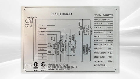 Circuit diagram showing technical parameters for Top Shelf Commercial Freezer Slick Glass Door Reach In Display Merchandiser.