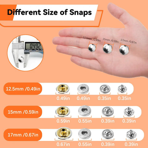 Different sizes of snaps from the Must Have Leather Snaps And Fasteners Kit With 17mm Snap Buttons And Press Pliers, 40 Sets In 4 Colors