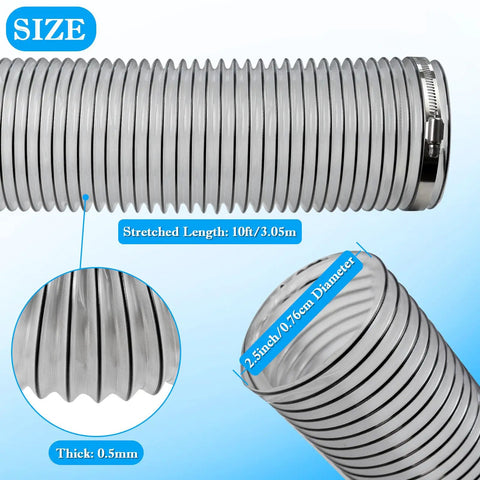 Heavy Duty Workshop Workhorse 2.5 Inch By 10 Feet Dust Collection Hose showing flexible PVC with metal clamp details.