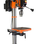 The Real Deal 12 Inch Benchtop Drill Press With Variable Speed 580 To 3200 RPM And Digital Readout featuring a durable cast iron base and adjustable arm.