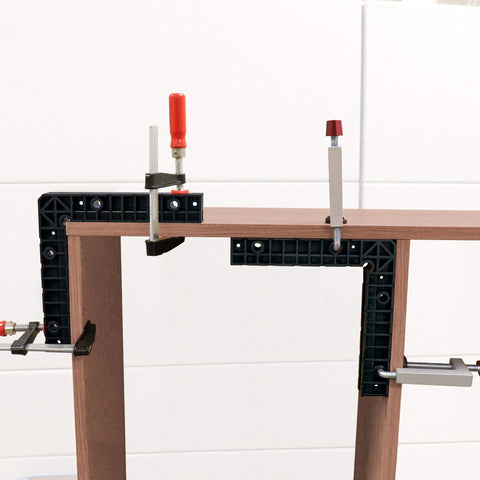 Fence Clamp Kit With 90 Degree Corner Clamps And Assembly Squares For Cabinets, Picture Frames, Shelving, Six Piece Set in use.