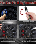 Four-step instruction showing how to use the Tesla Dark Gun Gray Rim Touch Up Paint Kit For Model Y 3 X S With Color Accurate Finish, Long Lasting Adhesion, Quick Drying, Easy To Use, Two In One Formula, Water And UV Resistant Wheel Repair.
