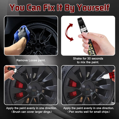 Four-step instruction showing how to use the Tesla Dark Gun Gray Rim Touch Up Paint Kit For Model Y 3 X S With Color Accurate Finish, Long Lasting Adhesion, Quick Drying, Easy To Use, Two In One Formula, Water And UV Resistant Wheel Repair.