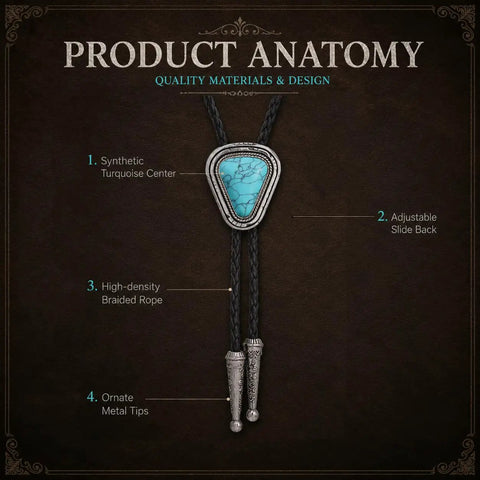 Hand Braided From Premium Genuine Leather This Adjustable Turquoise Bolo Tie features a synthetic turquoise center and ornate metal tips.