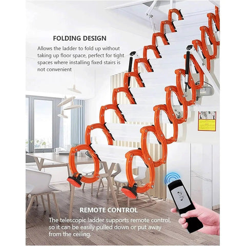 Electric Attic Ladder With Remote Control Alloy Folding Ceiling Mounted Pull Down Loft Staircase, showcasing folding design and remote.