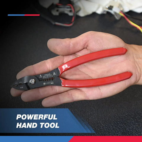 Person holding Compact 4 In 1 Wire Stripper Pliers for 12 20 AWG Wiring Crimping Cutting Gripping And Insulation Removal