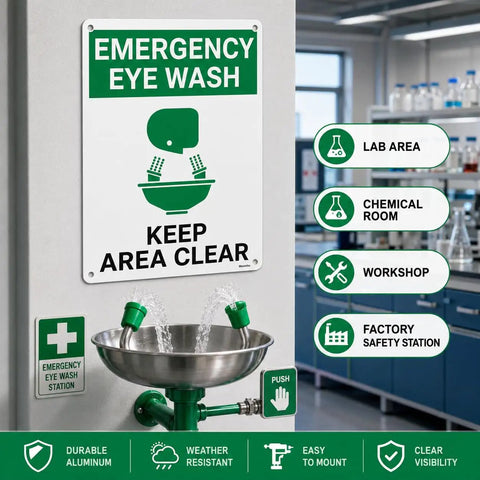 Emergency Eye Wash Sign Keep Area Clear 8x12 Inches Green and White Safety Sign With Pre Drilled Holes mounted next to eyewash station.