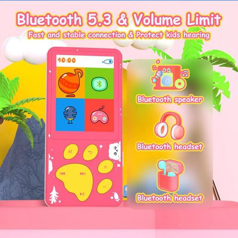 Kids MP3 Player With Bluetooth, 32GB Pink Portable Music Player For Kids, 2.4 Inch Color Screen, Cartoon Bear Paw Button