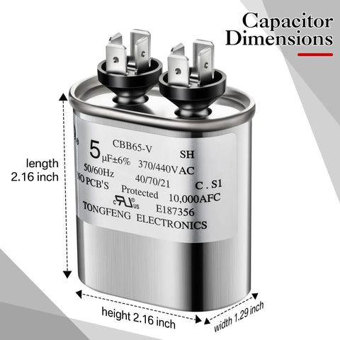 5uF Dual Run Oval Capacitor 370 To 440VAC CBB65-V Built Tough For Air Conditioners HVAC Systems Including Condenser Heat Pumps