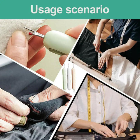 2024 Upgrade 2 In 1 Needle Threader And Seam Ripper Kit For Sewing Enthusiasts And Seniors Durable Lightweight Design With Easy Grip For Quick Threading And No Fuss Seam Removal Green shown in use for various sewing tasks.