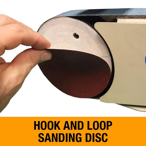 Heavy Duty Benchtop Belt And Disc Grinder Featuring A Badass 2 X 40 Inch Sanding Belt And 6 Inch Grinding Wheel showing hook and loop sanding disc.