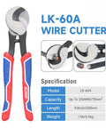 LK-60A wire cutter with red and blue handles, blade detail, used in Pro Grade Battery Cable Terminal Crimping Tool Kit With Cutter And Wire Stripper All-In-One Crimper For 8, 6, 4, 2, 1, And One Zero AWG Lugs Copper Lug Crimping Rotary Die Automotive Electrical Repair Essential.