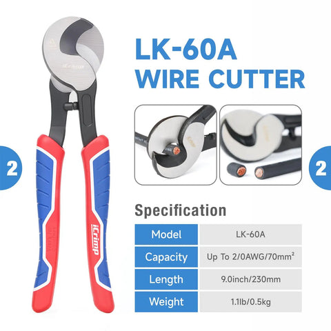 LK-60A wire cutter with red and blue handles, blade detail, used in Pro Grade Battery Cable Terminal Crimping Tool Kit With Cutter And Wire Stripper All-In-One Crimper For 8, 6, 4, 2, 1, And One Zero AWG Lugs Copper Lug Crimping Rotary Die Automotive Electrical Repair Essential.