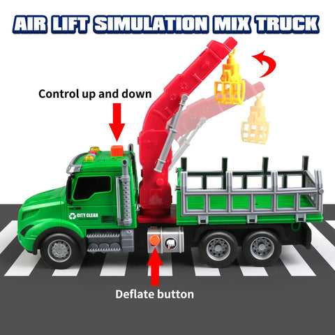 Big Farm Logging Truck Toy With Moving Crane And Logs, green truck with red crane on road, friction powered, lights and sounds