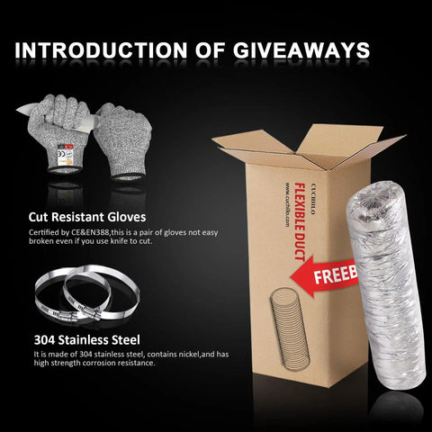 12 Inch Insulated Flexible Duct alongside giveaways: cut-resistant gloves and 304 stainless steel clips.