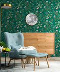 Room decor with Green Floral Peel And Stick Wallpaper With Vintage Bird Pattern Removable Self Adhesive Wall Covering, wooden furniture.