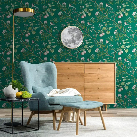 Room decor with Green Floral Peel And Stick Wallpaper With Vintage Bird Pattern Removable Self Adhesive Wall Covering, wooden furniture.