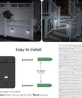 4 Pack Solar Fence Post Lights Black Modern Outdoor Wall Mount LEDs 8 LEDs 5W Equivalent 6000K Daylight White IP65 Waterproof Auto On Off Dusk To Dawn Easy Install on white fence and steps