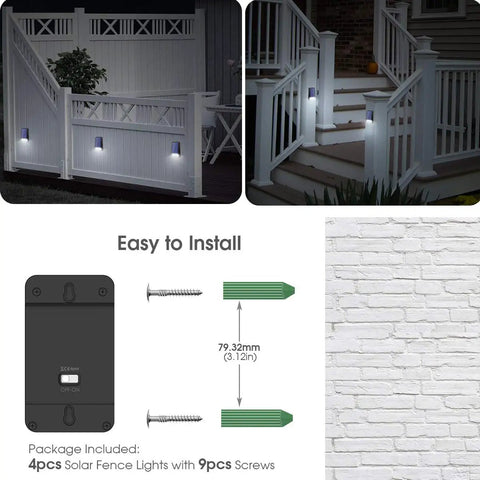 4 Pack Solar Fence Post Lights Black Modern Outdoor Wall Mount LEDs 8 LEDs 5W Equivalent 6000K Daylight White IP65 Waterproof Auto On Off Dusk To Dawn Easy Install on white fence and steps