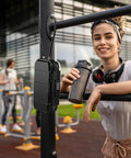 Portable Waterproof Security Lock Box With Combination Lock attached to gym equipment outdoors, durable ABS shell visible
