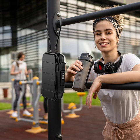 Portable Waterproof Security Lock Box With Combination Lock attached to gym equipment outdoors, durable ABS shell visible